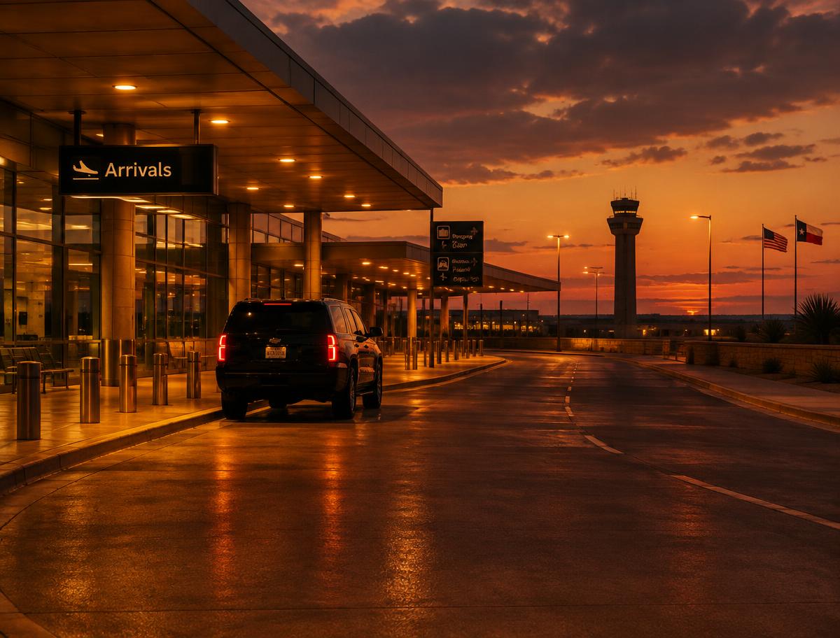 Airport arrivals curb at dusk with a waiting SUV